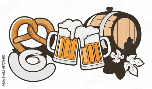 Oktoberfest festival outline illustration beer food symbols vector