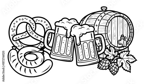 Oktoberfest festival outline illustration beer food symbols vector