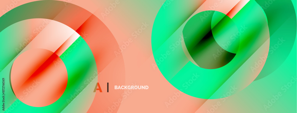 Fototapeta premium Abstract design features overlapping circles, gradients. Colors include coral, green, pale peach. Modern aesthetic, dynamic composition.