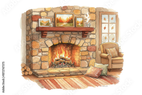 Cozy watercolor illustration of a warm fireplace with fire and comfortable seating area
