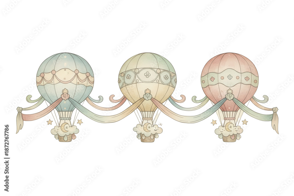 Fototapeta premium Delicate pastel illustration depicting three air balloons in a whimsical dreamy aesthetic style