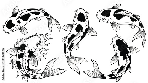 Black and white illustration of five koi fish swimming in a circular pattern on a plain white background.