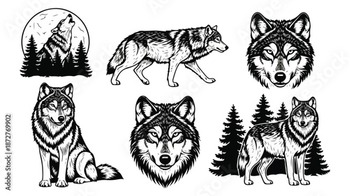 Collection of black and white wolf illustrations in various poses with trees and a moon background.