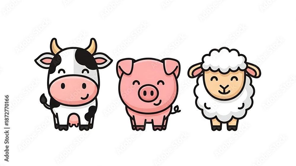 Fototapeta premium Cartoon farm animals standing together.