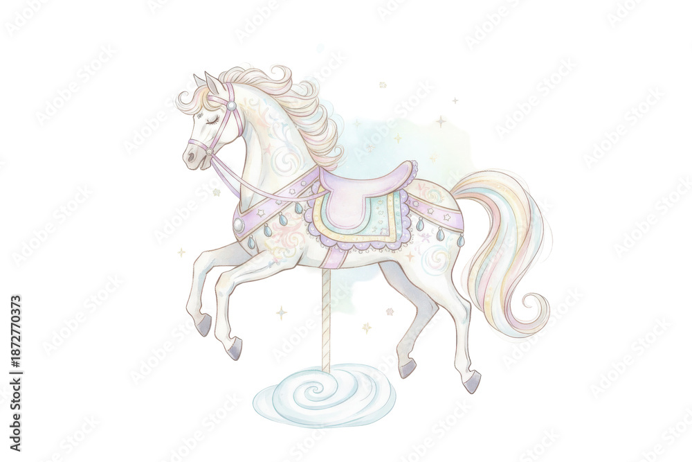 Fototapeta premium Elegant Illustration of a carousel horse, with a saddle, and a whimsical cloud below it