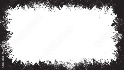 Abstract white distressed border frame on black background.