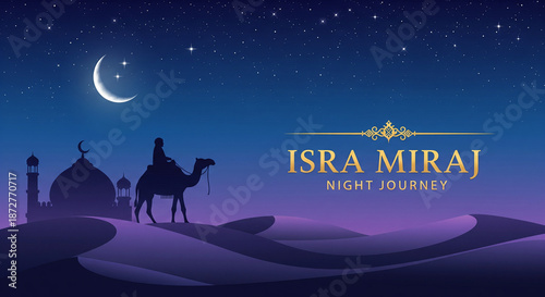 Isra Miraj Night Journey background with camel silhouette, mosque and crescent moon in starry night.