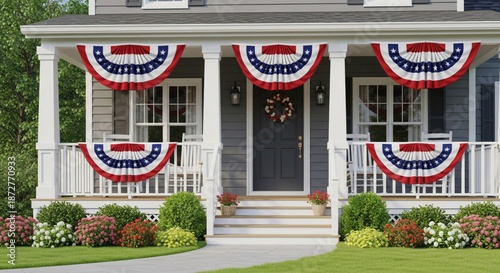 Gray House Porch Decorated With Patriotic Buntings and Wreath