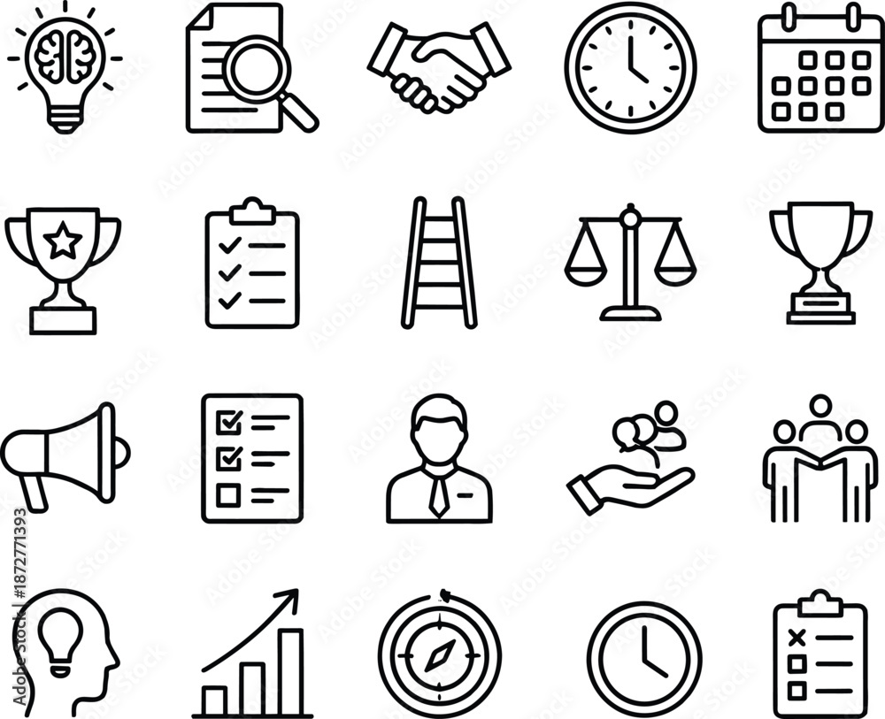 Fototapeta premium Black line icons for business and professional development including planning, teamwork, strategy, and achievement, isolated on white background