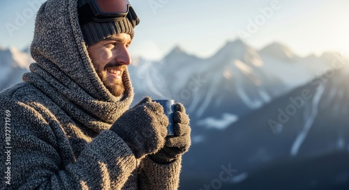 Man Enjoys Morning Coffee Snowy Mountain Vista Bright Sunlight