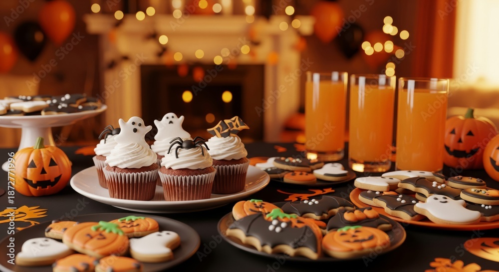 Fototapeta premium Halloween Party Treats on Table with Orange Juice in Interior