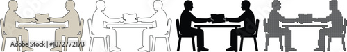Two male silhouettes sitting at a table with a document folder for business meeting or interview