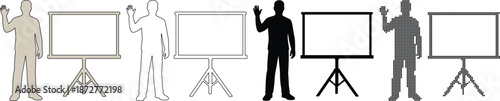Man silhouette standing next to a blank presentation screen and waving for seminar concept