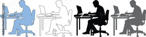 Graphic Designer at Desk Silhouette Set with Drawing Tablet and Computer