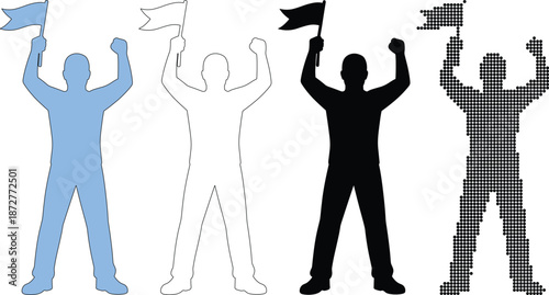 Celebration of Success with Man Holding Victory Flag Silhouette Set