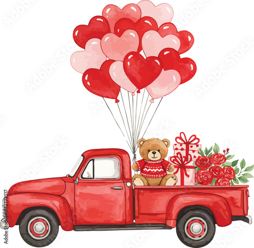 Red vintage pickup truck with heart balloons and valentine s gifts