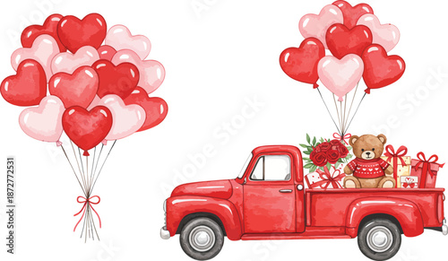 Red truck with heart shaped balloons and gifts on valentine s day