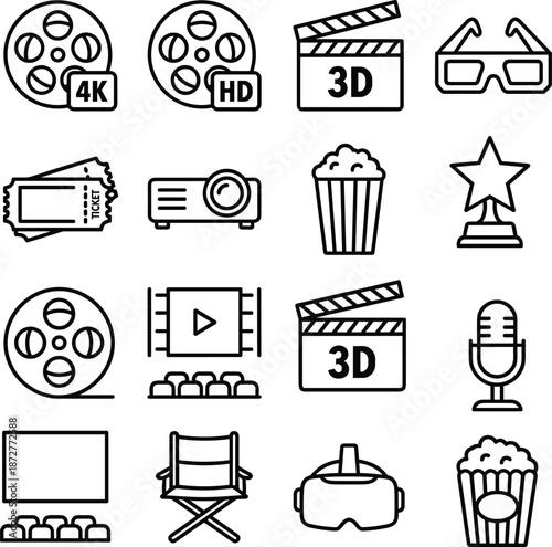 Black line icons for cinema and film production including 4K, HD, 3D, and audience experience, isolated on white background