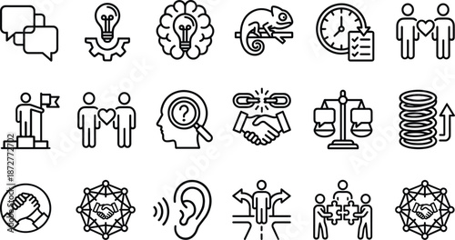 Black line icons for communication, leadership, and teamwork including innovation, empathy, and decision-making, isolated on white background