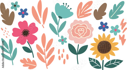 Colorful illustration of various flowers and leaves on white background