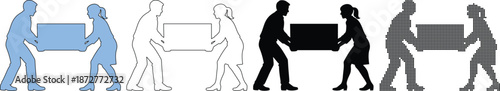 Man and woman carrying heavy box together silhouettes, teamwork and moving concept