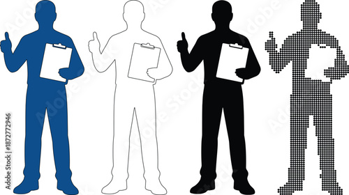 Man silhouette icons holding a clipboard and showing thumbs up for inspection and approval