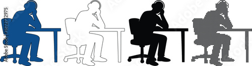 Silhouette icons of a person with headphones sitting at a desk for call center or stress concept