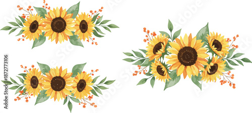 Watercolor illustrations of sunflowers with leaves and small flowers in a floral arrangement