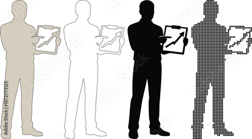 Silhouette icons of a man holding a clipboard with an upward arrow graph for growth concept