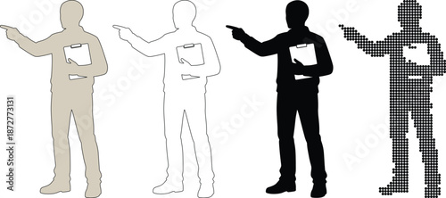 Silhouette of a man holding a clipboard and pointing to the side for instruction and direction