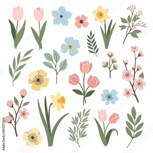 Spring floral elements, tulips, daffodils, cherry blossoms, and leaves