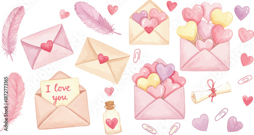Watercolor valentine s day envelopes and hearts with love letters and decorations