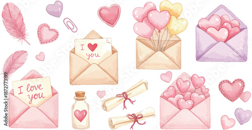 Watercolor valentine s day envelopes and hearts in pastel colors