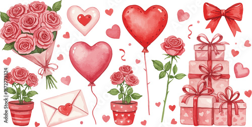 Valentine s day illustration with hearts roses balloons gifts and romantic symbols