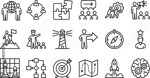 Black line icons for leadership, teamwork, and strategy including coaching, innovation, and goal setting, isolated on white background