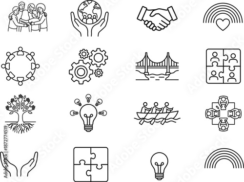 Black line icons for teamwork and community including collaboration, innovation, and inclusivity, isolated on white background