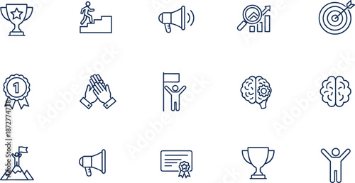 Black-and-white icons set representing achievement, success, and recognition for motivation visuals, educational content, and corporate design