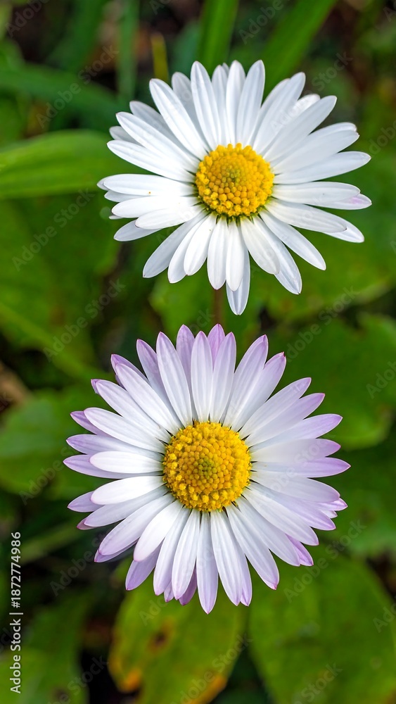 Obraz premium Close-up of two wildflowers, one white and one with purple-tinged petals, both with yellow centers, set against green foliage