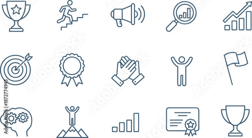 Black-and-white icons set representing achievement, success, strategy, and personal growth for business, education, and motivational design