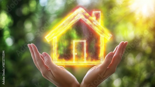 Home energy efficiency concept, two hands cradling a stylized house with a bold outline, symbolizing insulation