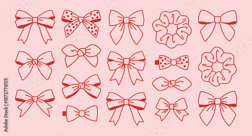 Trendy abstract red bows and hair clips on pink. Fashionable hair accessories collection