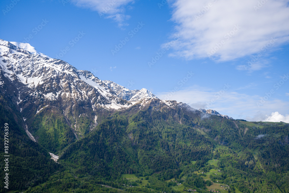 Obraz premium Expansive green forested hills rise toward rugged, snow-capped mountains under a vivid blue sky in the Massif du Mont Blanc. Sunlight highlights the rich textures of spring foliage and lingering snow.