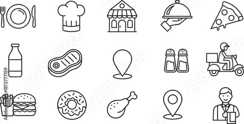 Black-and-white icons set representing food, dining, and delivery for restaurant branding, culinary apps, and hospitality design visuals