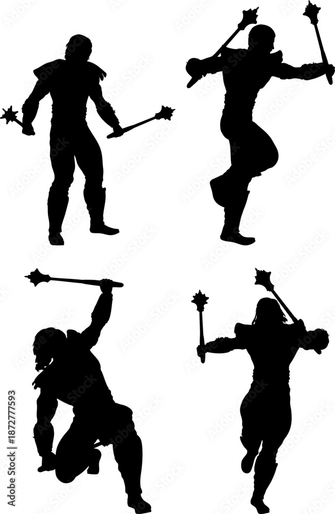 Obraz premium Black silhouette of a warrior wielding two spiked maces. The figure has a muscular build and dynamic posture, symbolizing strength, combat readiness, and fierce energy.