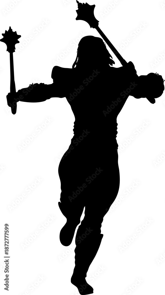 Naklejka premium Black silhouette of a warrior wielding two spiked maces. The figure has a muscular build and dynamic posture, symbolizing strength, combat readiness, and fierce energy.