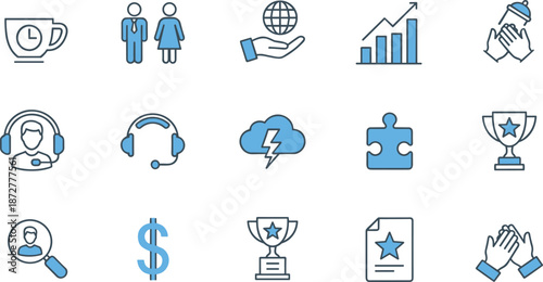 Blue and black outlined icons set representing business, communication, productivity, and recognition for digital platforms, UI, and presentations
