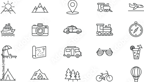 Black-and-white icons set representing travel, adventure, and nature for tourism branding, outdoor content, and vacation-themed design visuals