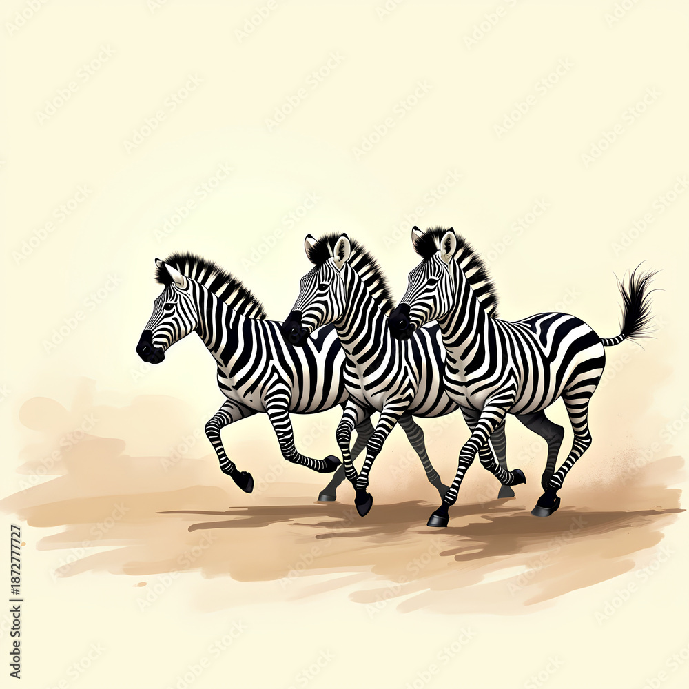 Fototapeta premium Three zebras running across dusty ground with light background