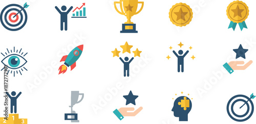 Colorful icons set representing achievement, success, motivation, and personal growth for education, business, recognition, and self-improvement
