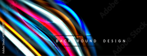Abstract colorful lines over black background. Dynamic curves create modern visual effect. Bright shades emphasize design elements.